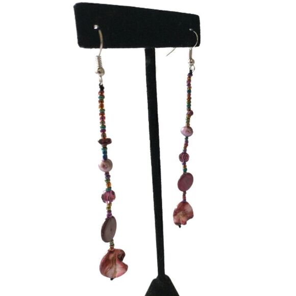 Metallic Shell Graduated Dangle Earrings‎ Glass Beads Handmade Coastal Beach 90s - Picture 11 of 16